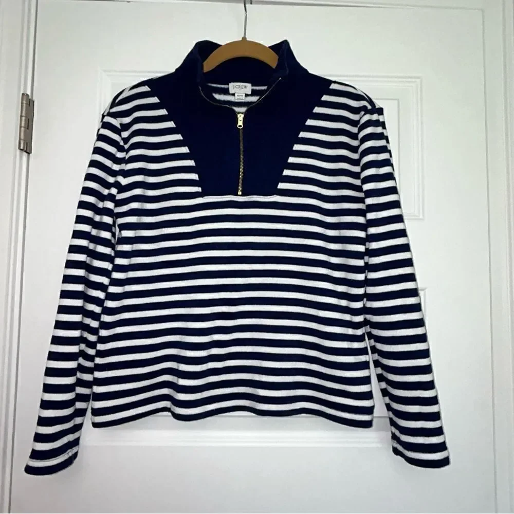 J.Crew Stripe Print 1/4 Zipper Down Pullover Knit Fleece Top